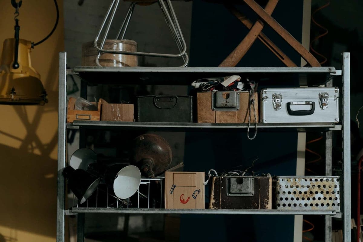 A metal shelving unit in a garage loaded with boxes and storage containers