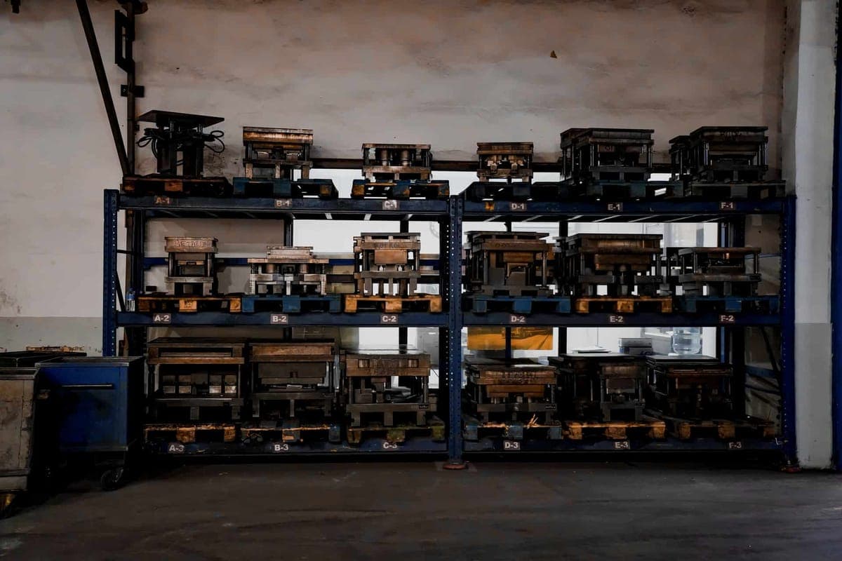 Industrial heavy-duty steel shelving racks in a warehouse setting