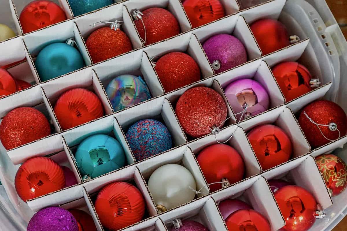 Boxes of holiday decorations stored in a garage